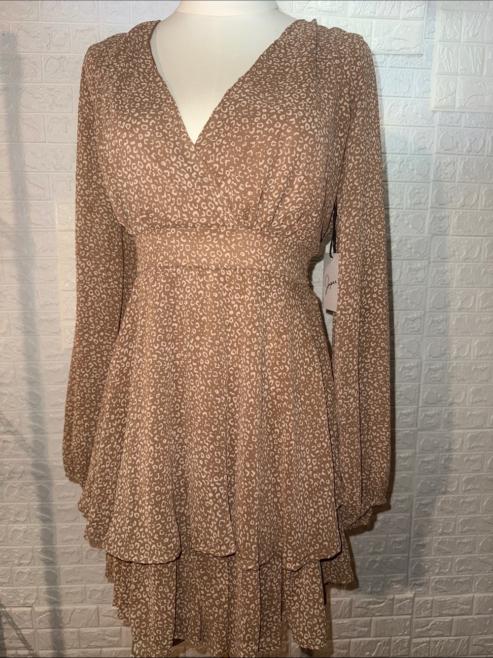 Japna Long Sleeve V-Neck Tiered Taupe Print Dress